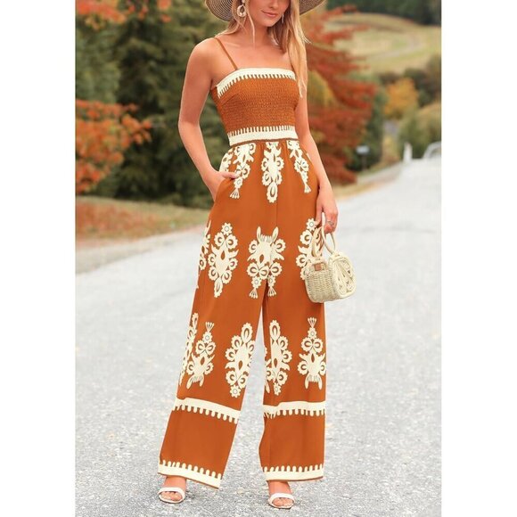 Women Red and white Summer Boho Jumpsuits and Wide Leg Pants Rompers - Picture 8 of 8